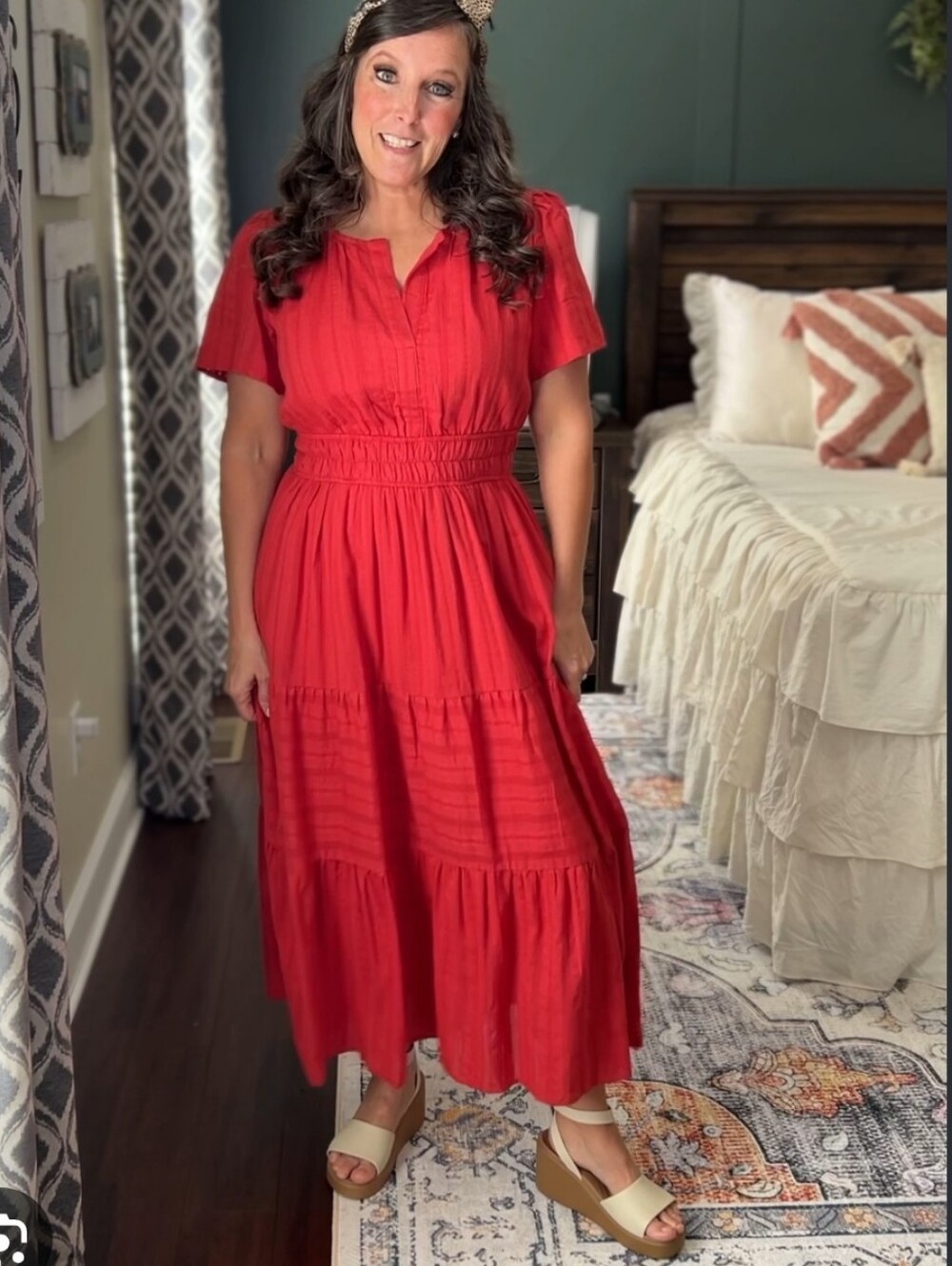 R. Vivimos Red V Neck Maxi Dress Ruffle L